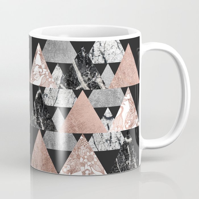 Marble Rose Gold Silver and Floral Geo Triangles Coffee Mug