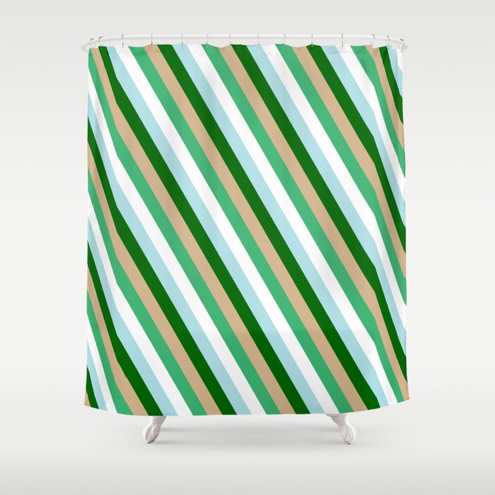 Eye-catching Tan, Sea Green, White, Powder Blue, and Dark Green Colored Pattern of Stripes Shower Curtain