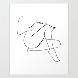 Reading Naked Art Print | Woman, Minimaistic, Single Line, Nude, Ink Pen, Black and White, Lines, Reading, Line, Continuous 