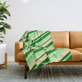 [ Thumbnail: Dark Green, Green, and Beige Colored Stripes Pattern Throw Blanket ]