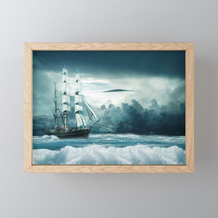 Blue Ocean Ship Storm Clouds Framed Mini Art Print