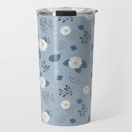 blue dahlia, tossed floral pattern, blue and white Travel Mug