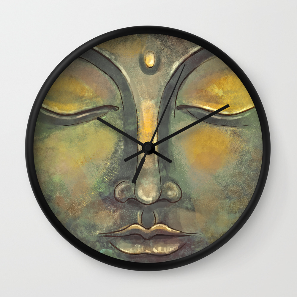 Rusty Golden Buddha Face Zen And Balance Watercolor Painting Wall Clock By Thubakabra Society6