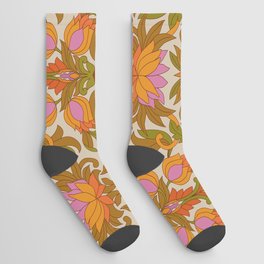 Orange, Pink Flowers and Green Leaves 1960s Retro Vintage Pattern Socks