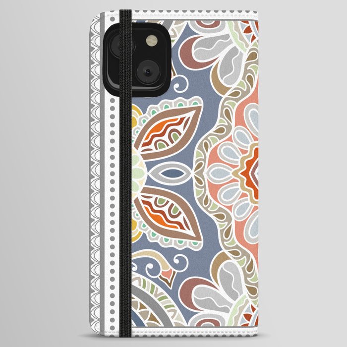 Decorative abstract colorful background, geometric floral doodle pattern with ornate lace frame. Tribal ethnic ornament. Bandanna shawl, tablecloth fabric print, silk neck scarf, kerchief design iPhone Wallet Case