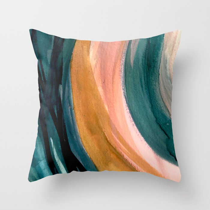 Breathe: a vibrant bold abstract piece in greens, ochre, and pink Throw Pillow