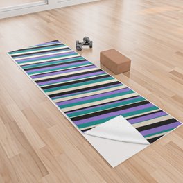 [ Thumbnail: Purple, Dark Cyan, Beige & Black Colored Striped Pattern Yoga Towel ]