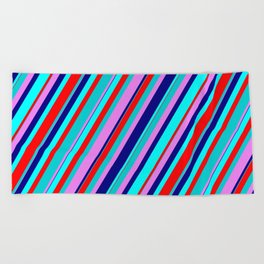 [ Thumbnail: Colorful Aqua, Red, Dark Turquoise, Violet, and Blue Colored Lined Pattern Beach Towel ]