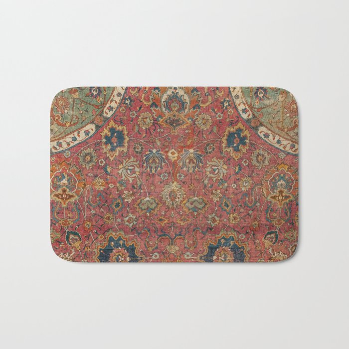 Persian Medallion Rug IV // 16th Century Distressed Red Green Blue Flowery Colorful Ornate Pattern Bath Mat