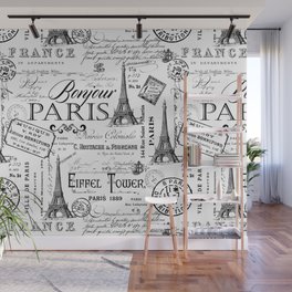 Vintage Paris Black And White Nostalgic Pattern Wall Mural