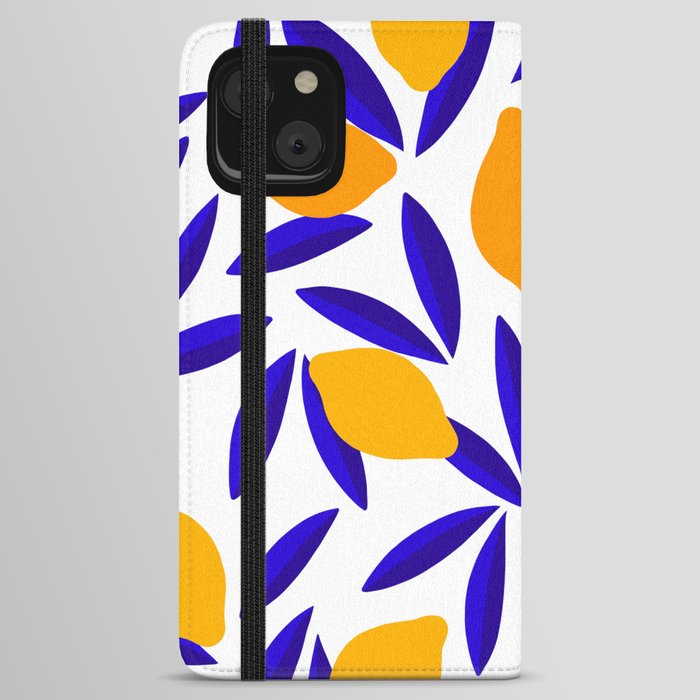 Blue and yellow Lemon Summery Pattern iPhone Wallet Case