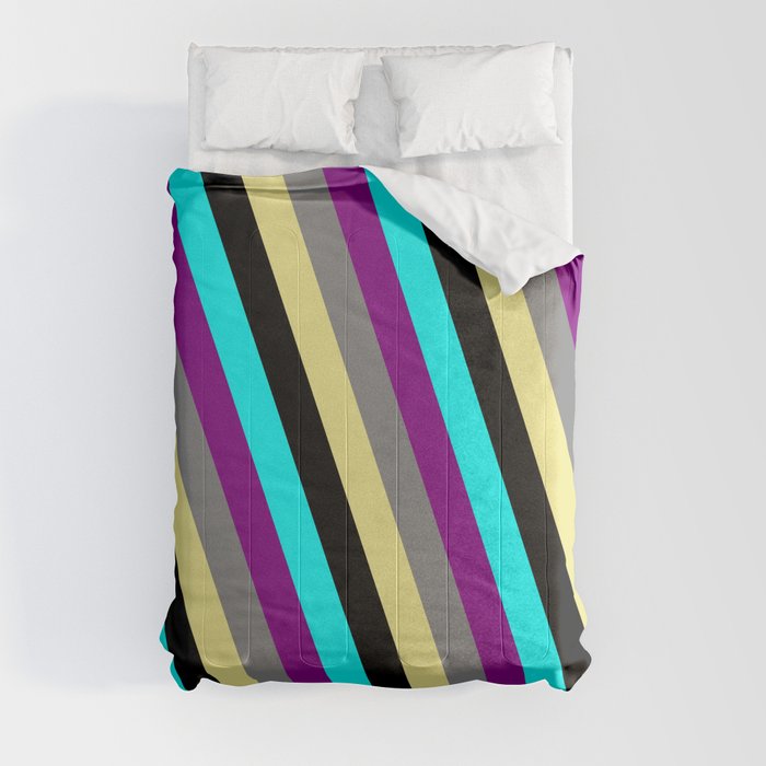 Vibrant Cyan, Purple, Grey, Tan, and Black Colored Lines Pattern Comforter