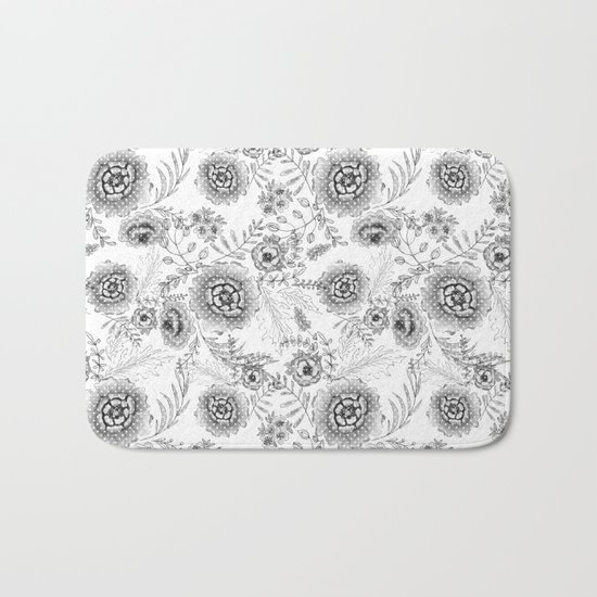Black and white watercolor floral pattern with polka dots . Bath Mat
