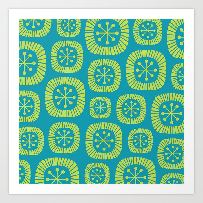 Mid-Century Modern Atomic Abstract Composition 244 Cyan Blue and Chartreuse Green Art Print