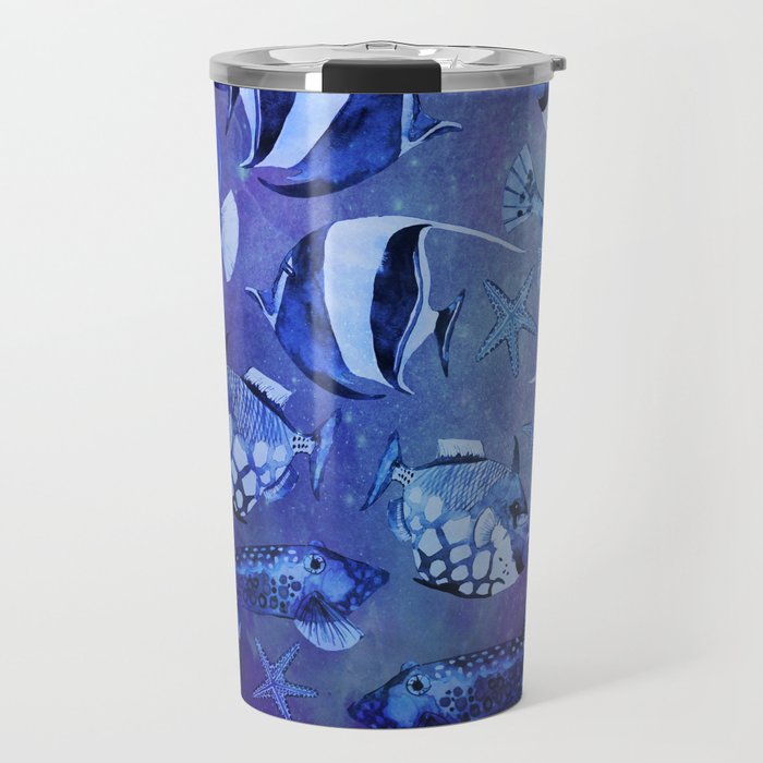 Watercolor fish pattern dark blue Travel Mug