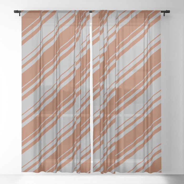 Dark Gray and Sienna Colored Striped/Lined Pattern Sheer Curtain