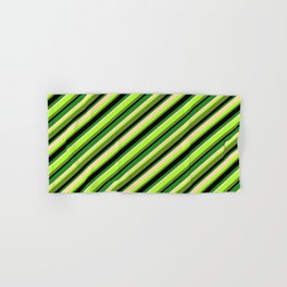 [ Thumbnail: Vibrant Tan, Light Green, Green, Black & Forest Green Colored Pattern of Stripes Hand & Bath Towel ]