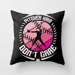 Pitcher Hair Don't Care Softball Girl Throw Pillow