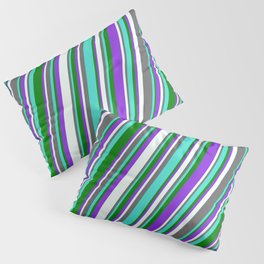 [ Thumbnail: Dim Grey, Turquoise, Green, Purple & Mint Cream Colored Lined Pattern Pillow Sham ]