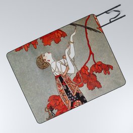 Red Mimosa & Flying Bird, Art Deco Roaring Twenties female portrait painting by George Barbier Picnic Blanket