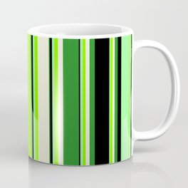 [ Thumbnail: Eyecatching Green, Chartreuse, Beige, Forest Green & Black Colored Stripes/Lines Pattern Coffee Mug ]