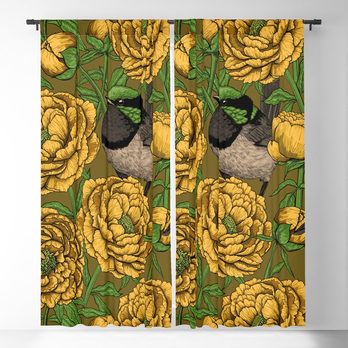 Peonies and wrens  Blackout Curtain