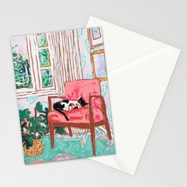 Little Naps - Tuxedo Cat Napping in a Pink Mid-Century Chair by the Window Stationery Card