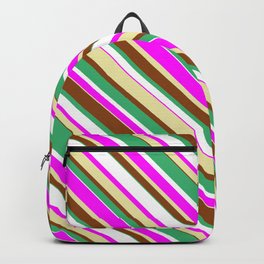 [ Thumbnail: Eye-catching Sea Green, White, Fuchsia, Pale Goldenrod, and Brown Colored Lined/Striped Pattern Backpack ]