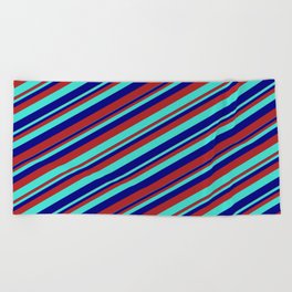 [ Thumbnail: Blue, Red & Turquoise Colored Stripes Pattern Beach Towel ]