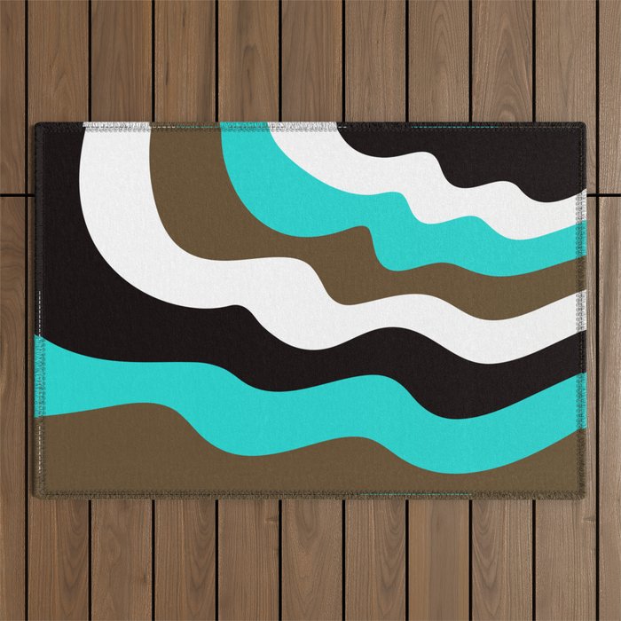 Modern Retro Abstract Color Block Waves // Turquoise Blue, Dark Brown, Black and White Outdoor Rug