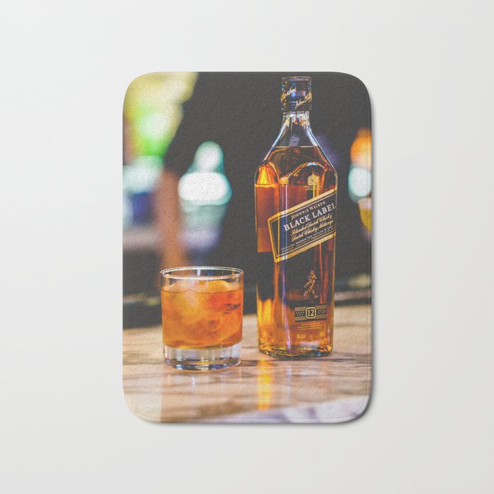 Malt Grain Whiskey Bottle and Crystal Glass color photography / photographs for bar, kitchen, and dinning room wall decor Bath Mat