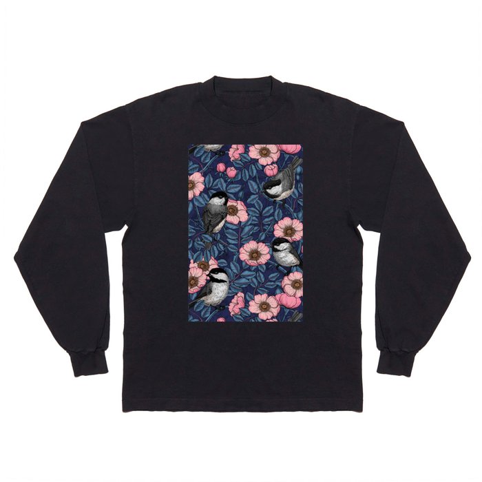 Chickadeed in the wild rose in pink and blue Long Sleeve T Shirt