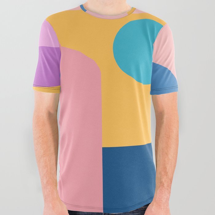 Playful Color Block Shapes in Bright Shades of Orange, Blue, Yellow, and Pink All Over Graphic Tee