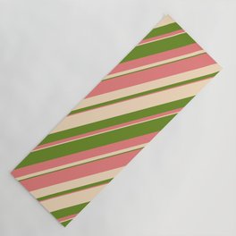[ Thumbnail: Bisque, Green, and Light Coral Colored Striped/Lined Pattern Yoga Mat ]