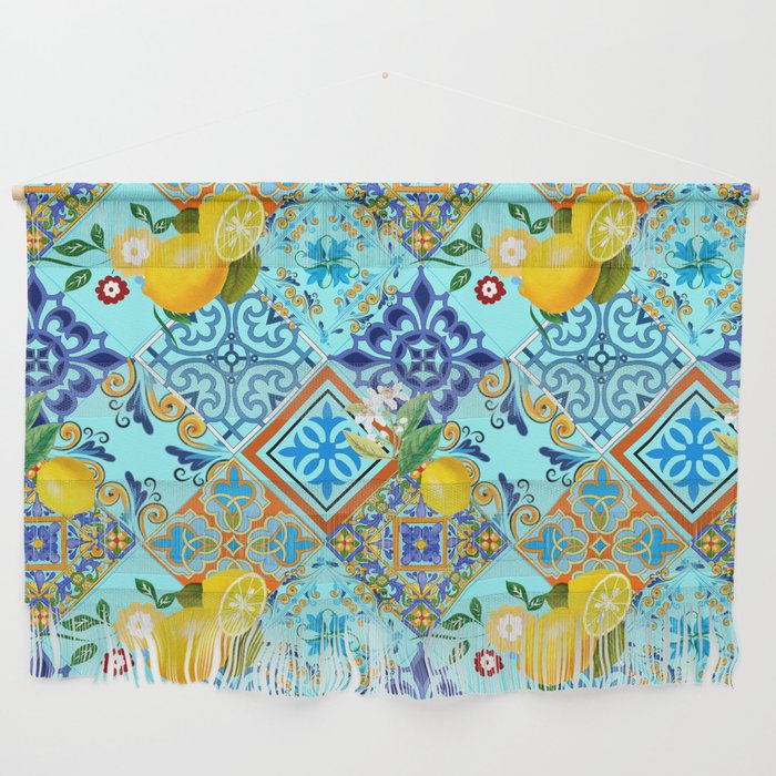 Tiles,mosaic,azulejo,quilt,Portuguese,majolica,lemons,citrus. Wall Hanging