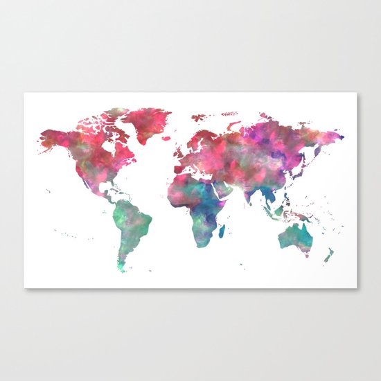 World Map Hot Pink Green Blue Canvas Print