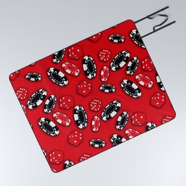 Dice and Casino Chips on Red Picnic Blanket