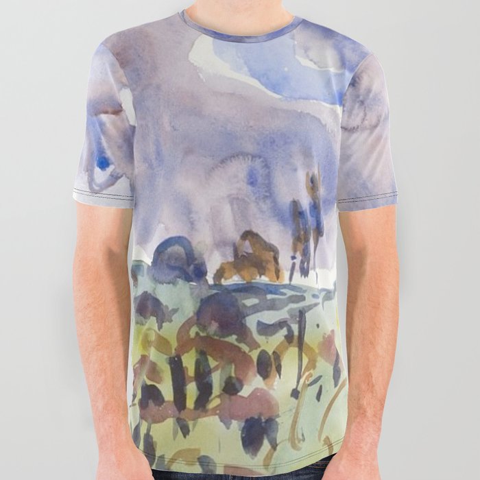Watercolor No. 31, Landscape with Clouds All Over Graphic Tee
