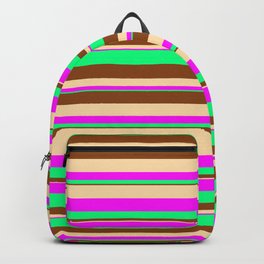 [ Thumbnail: Tan, Fuchsia, Green & Brown Colored Striped Pattern Backpack ]