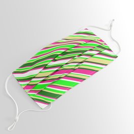 [ Thumbnail: Eye-catching Deep Pink, White, Lime, Tan & Dark Green Colored Lined/Striped Pattern Face Mask ]