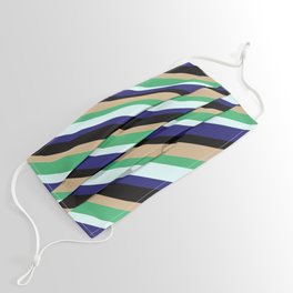 [ Thumbnail: Eye-catching Tan, Sea Green, Light Cyan, Midnight Blue, and Black Colored Lined/Striped Pattern Face Mask ]