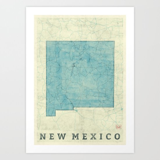New Mexico State Map Blue Vintage Art Print