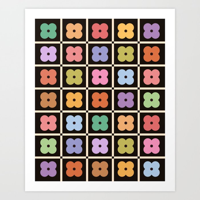 Colorful Flowers and Black & White Patchwork Gingham  Art Print