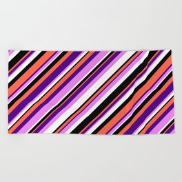 [ Thumbnail: Eyecatching Red, Indigo, Violet, White & Black Colored Lined Pattern Beach Towel ]