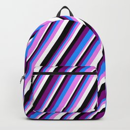 [ Thumbnail: Purple, Blue, Violet, White & Black Colored Stripes Pattern Backpack ]
