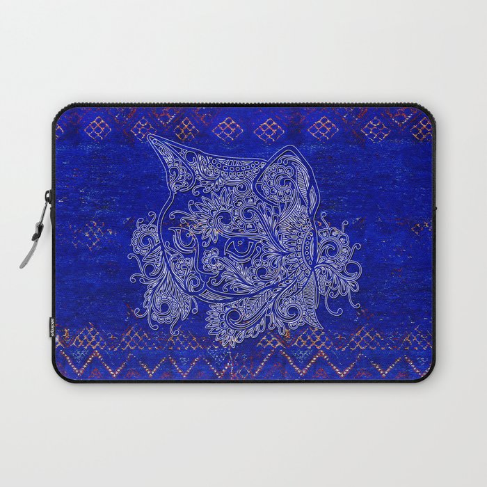 N20 - Tribal Cute Cat Hand Drawing, Traditonal Moroccan Carpet Background Laptop Sleeve