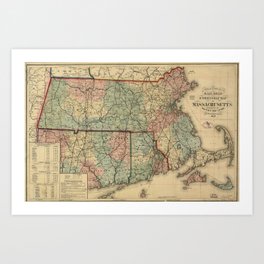 Vintage Massachusetts Railroad Map (1879) Art Print