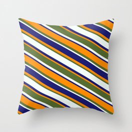 [ Thumbnail: Midnight Blue, Dark Orange, Dark Olive Green, and Mint Cream Colored Pattern of Stripes Throw Pillow ]
