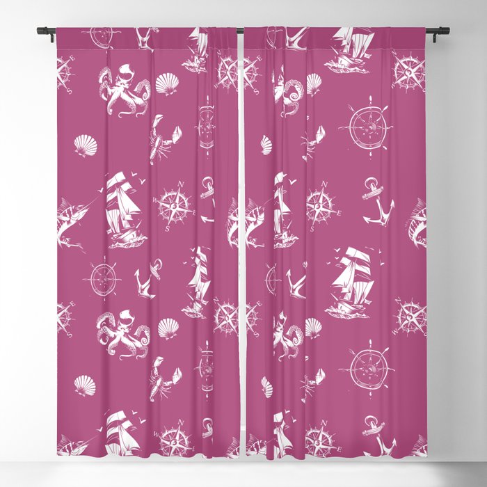 Magenta And White Silhouettes Of Vintage Nautical Pattern Blackout Curtain