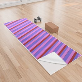[ Thumbnail: Violet, Medium Slate Blue & Red Colored Lined Pattern Yoga Towel ]